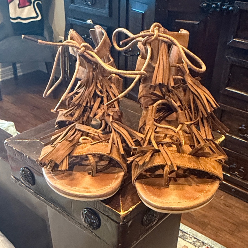 Fringe Brown Sandals by JustFab